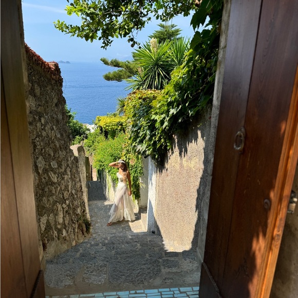 Wore once for a few hours. Pink stain on bottom of back of skirt. Super cute. - Picture 2 of 5